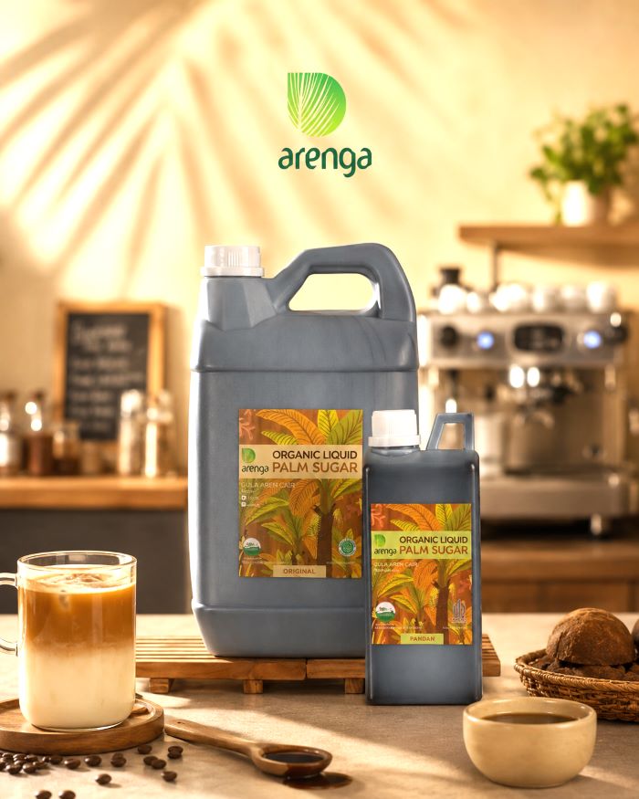 Beragam kemasan Arenga Liquid Palm Sugar Original dan Pandan untuk kebutuhan coffee shop dan bisnis minuman