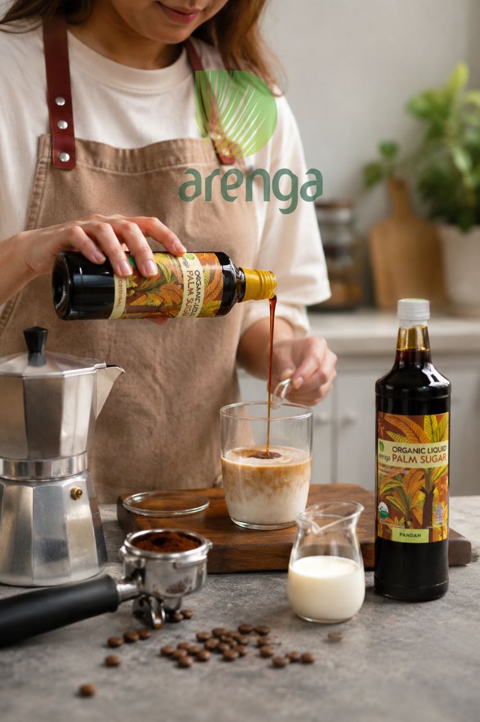 Seseorang sedang menyiapkan resep palm sugar latte dengan gula aren cair menggunakan Arenga Organic Liquid Palm Sugar, dipadukan dengan espresso, susu, dan peralatan kopi di dapur rumah.