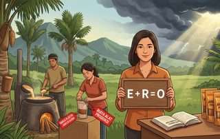 Ilustrasi pengusaha UMKM wanita tersenyum memegang papan bertuliskan rumus E+R=O. Di sekitarnya tampak tim yang sedang memasak nira dan mengemas gula aren dengan label peringatan naiknya harga plastik dan biaya produksi akibat konflik global. Latar belakang menunjukkan kebun aren dengan langit mendung yang mulai tertembus cahaya matahari cerah.