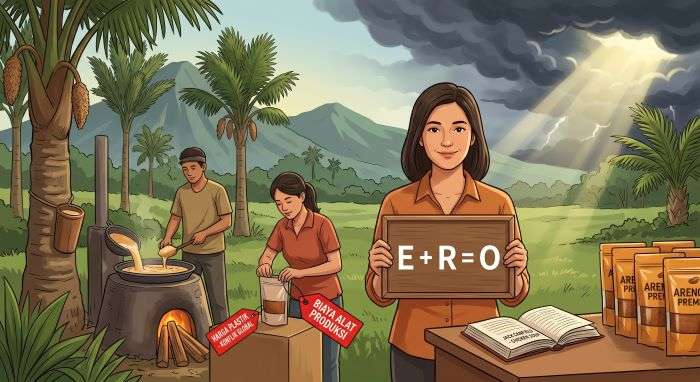 cara napas panjang umkm Ilustrasi pengusaha UMKM wanita tersenyum memegang papan bertuliskan rumus E+R=O. Di sekitarnya tampak tim yang sedang memasak nira dan mengemas gula aren dengan label peringatan naiknya harga plastik dan biaya produksi akibat konflik global. Latar belakang menunjukkan kebun aren dengan langit mendung yang mulai tertembus cahaya matahari cerah.