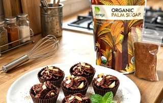 Sebuah piring putih berisi cokelat cornflakes yang ditaburi kacang almond, dihiasi daun mint. Di latar belakang terdapat kemasan Gula Semut Aren Arenga.