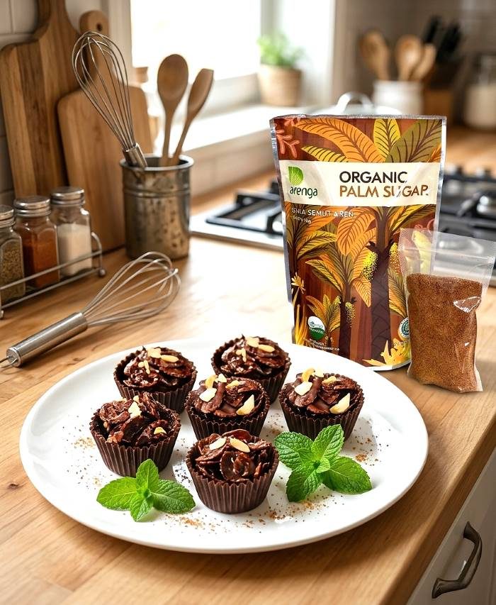 Sebuah piring putih berisi cokelat cornflakes yang ditaburi kacang almond, dihiasi daun mint. Di latar belakang terdapat kemasan Gula Semut Aren Arenga. Sebuah piring putih berisi cokelat cornflakes yang ditaburi kacang almond, dihiasi daun mint. Di latar belakang terdapat kemasan Gula Semut Aren Arenga.