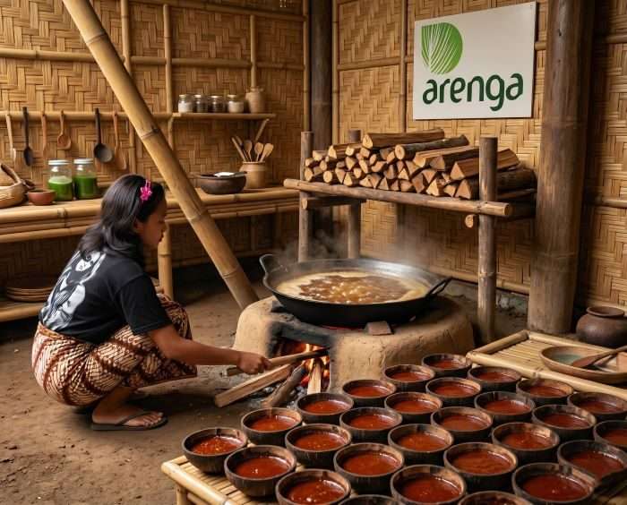 Deretan belahan tempurung kelapa berisi nira aren kental berwarna cokelat kemerahan yang sedang didinginkan di atas lantai untuk dicetak menjadi gula batok tradisional