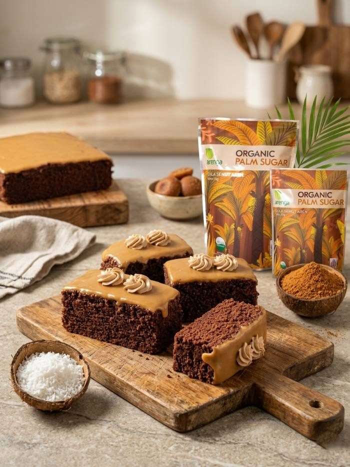 Foto beberapa potong kue cokelat tebal dengan lapisan karamel keemasan dan hiasan krim di atas talenan kayu. Di sampingnya terdapat produk kemasan "Arenga Organic Palm Sugar", batok kelapa berisi kelapa parut putih, dan batok kelapa berisi gula aren bubuk dengan latar belakang dapur yang hangat.