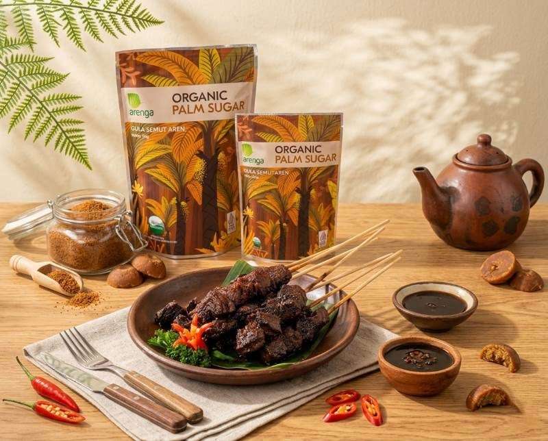 Foto premium food photography Sate Sapi Manis yang mengilat di atas piring tanah liat beralaskan daun pisang. Di latar belakang, terdapat kemasan kembar Arenga Organic Palm Sugar, stoples kaca berisi gula semut, teko tanah liat tradisional, dan mangkuk saus kecil di atas meja kayu dengan pencahayaan hangat.