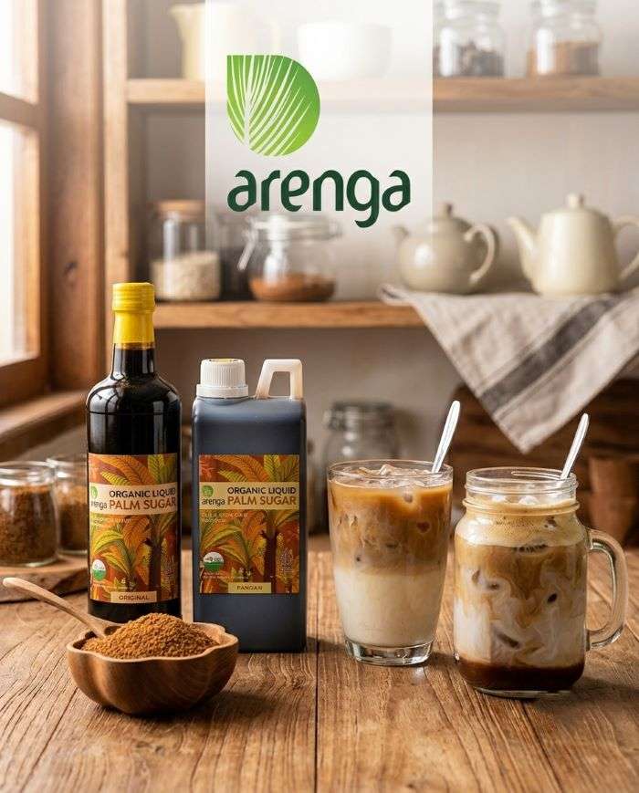 Segelas es kopi susu gula aren dingin yang memperlihatkan gradasi warna secara jelas: lapisan sirup gula aren kental berwarna cokelat pekat di dasar gelas, campuran susu cair berwarna putih di bagian tengah, dan seduhan kopi di bagian paling atas, disajikan menyegarkan dengan bongkahan es batu.
