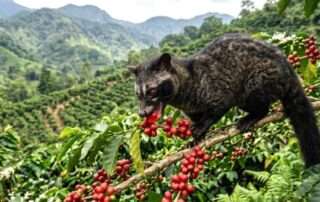 Sebuah foto close-up Musang Luwak di tengah perkebunan Indonesia yang subur saat golden hour. Gambar ini dibagi menjadi dua bagian: sisi kiri menampilkan cabang pohon kopi yang penuh buah merah matang dan nampan berisi biji kopi luwak olahan; sisi kanan menampilkan pangkal pohon aren dengan spigot bambu yang meneteskan nira ke dalam tempurung kelapa, dan buah aren yang menggantung. Musang Luwak berdiri di tengah sebagai sosok pahlawan yang menghubungkan kedua elemen alam ini, dengan latar belakang pegunungan dan hutan tropis