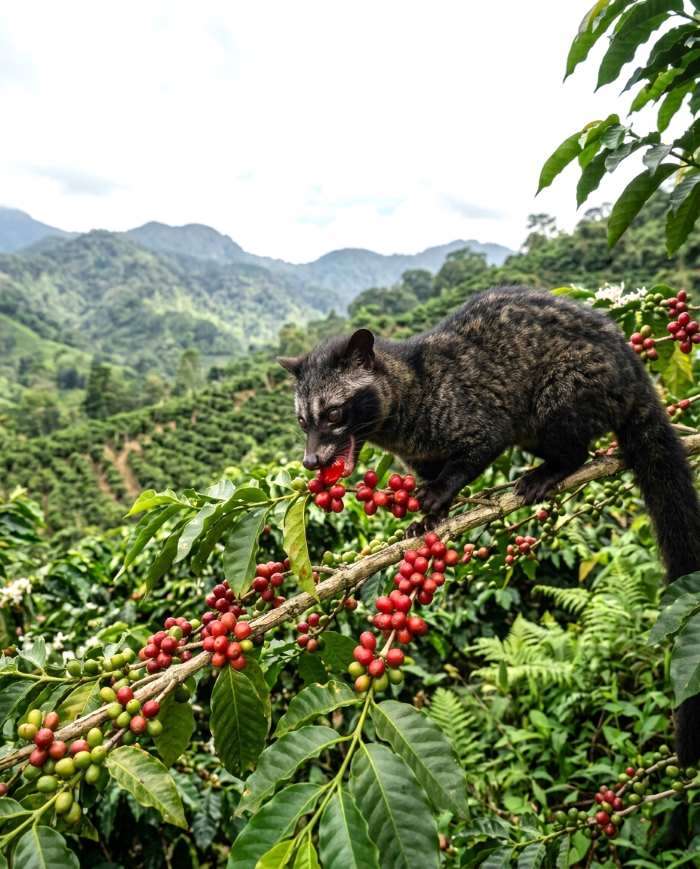 Sebuah foto close-up Musang Luwak di tengah perkebunan Indonesia yang subur saat golden hour. Gambar ini dibagi menjadi dua bagian: sisi kiri menampilkan cabang pohon kopi yang penuh buah merah matang dan nampan berisi biji kopi luwak olahan; sisi kanan menampilkan pangkal pohon aren dengan spigot bambu yang meneteskan nira ke dalam tempurung kelapa, dan buah aren yang menggantung. Musang Luwak berdiri di tengah sebagai sosok pahlawan yang menghubungkan kedua elemen alam ini, dengan latar belakang pegunungan dan hutan tropis