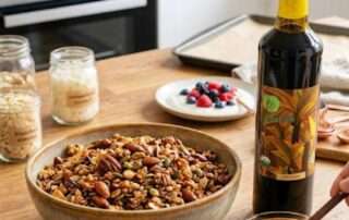 Semangkuk nutty granola berisi campuran oat utuh, kacang almond, biji labu, dan pecan di atas meja kayu dapur, disajikan secara estetik berdampingan dengan sebotol Arenga gula aren cair organik dan sendok kayu.