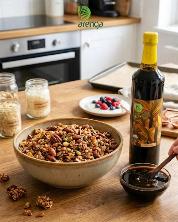 Semangkuk nutty granola berisi campuran oat utuh, kacang almond, biji labu, dan pecan di atas meja kayu dapur, disajikan secara estetik berdampingan dengan sebotol Arenga gula aren cair organik dan sendok kayu.