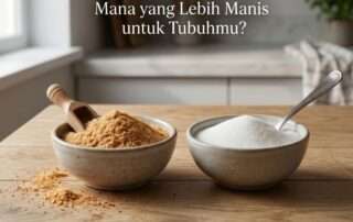 Visual estetik perbandingan gula aren dan gula pasir di dalam dua mangkuk keramik di atas meja kayu. Mangkuk kiri berisi gula aren bubuk organik berwarna cokelat terang dengan sendok kayu, sedangkan mangkuk kanan berisi gula rafinasi putih dengan sendok logam, dilengkapi logo Arenga bersinar.