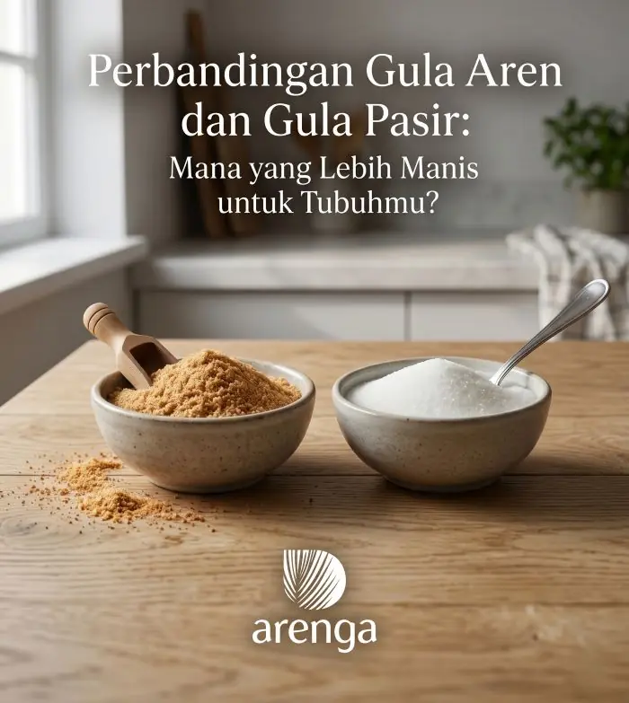 Visual estetik perbandingan gula aren dan gula pasir di dalam dua mangkuk keramik di atas meja kayu. Mangkuk kiri berisi gula aren bubuk organik berwarna cokelat terang dengan sendok kayu, sedangkan mangkuk kanan berisi gula rafinasi putih dengan sendok logam, dilengkapi logo Arenga bersinar.