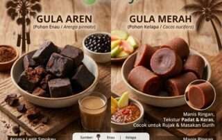 Infografis komparatif dua sisi yang membandingkan Gula Aren dan Gula Merah pada latar belakang kayu, dengan logo Arenga di bagian atas. Sisi kiri, berlabel 'GULA AREN (Pohon Enau / Arenga pinnata)', menampilkan mangkuk berisi kubus gula aren gelap padat yang pecah, menunjukkan tekstur renyah. Di sebelahnya ada bubuk gula aren, boba pearl, dan kopi susu, dengan siluet pohon enau dan alat sadap. Teks: 'Aroma Legit Smokey, Tekstur Empuk & Rapuh, Ideal untuk Kopi & Boba'. Sisi kanan, berlabel 'GULA MERAH (Pohon Kelapa / Cocos nucifera)', menampilkan mangkuk berisi disk gula merah silindris padat berwarna cokelat kemerahan. Di sebelahnya ada buah jambu biji dan bumbu rujak, dengan siluet pohon kelapa. Teks: 'Manis Ringan, Tekstur Padat & Keras, Cocok untuk Rujak & Masakan Gurih'. Di bagian bawah terdapat tabel perbandingan dengan ikon: Sumber (Enau vs Kelapa), Warna (Gelap Pekat vs Terang Kemerahan), dan Tekstur (Empuk vs Padat).