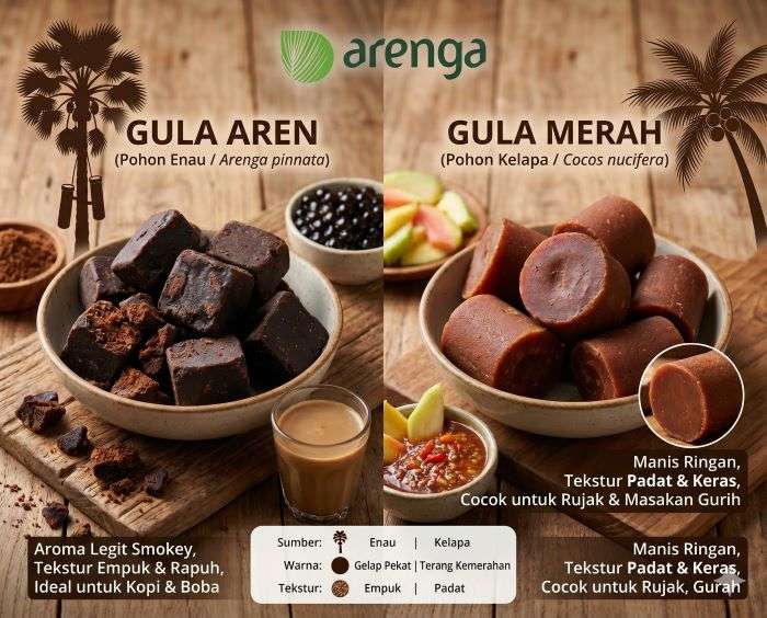 perbedaan gula aren dan gula merah Infografis komparatif dua sisi yang membandingkan Gula Aren dan Gula Merah pada latar belakang kayu, dengan logo Arenga di bagian atas. Sisi kiri, berlabel 'GULA AREN (Pohon Enau / Arenga pinnata)', menampilkan mangkuk berisi kubus gula aren gelap padat yang pecah, menunjukkan tekstur renyah. Di sebelahnya ada bubuk gula aren, boba pearl, dan kopi susu, dengan siluet pohon enau dan alat sadap. Teks: 'Aroma Legit Smokey, Tekstur Empuk & Rapuh, Ideal untuk Kopi & Boba'. Sisi kanan, berlabel 'GULA MERAH (Pohon Kelapa / Cocos nucifera)', menampilkan mangkuk berisi disk gula merah silindris padat berwarna cokelat kemerahan. Di sebelahnya ada buah jambu biji dan bumbu rujak, dengan siluet pohon kelapa. Teks: 'Manis Ringan, Tekstur Padat & Keras, Cocok untuk Rujak & Masakan Gurih'. Di bagian bawah terdapat tabel perbandingan dengan ikon: Sumber (Enau vs Kelapa), Warna (Gelap Pekat vs Terang Kemerahan), dan Tekstur (Empuk vs Padat).