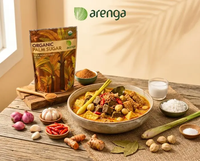 Sebuah foto makanan estetik yang menangkap mangkuk besar hidangan resep Bumbu Rujak campur Banyumas yang berisi daging sapi, tahu goreng, dan tempe goreng dalam kuah santan kental yang kaya warna, dihiasi serai, daun salam, dan cabai merah iris. Hidangan ini dikelilingi oleh bahan-bahan baku mentah: bawang merah, bawang putih, cabai rawit merah, kunyit, daun salam, serai, garam, mangkuk kelapa parut, dan gelas santan cair. Di sisi kiri berdiri kemasan Arenga Organic Palm Sugar 225g dengan semangkuk kecil gula bubuk dan sendok kayu. Meja kayu pedesaan dengan latar belakang krem hangat dan bayangan daun palem.
