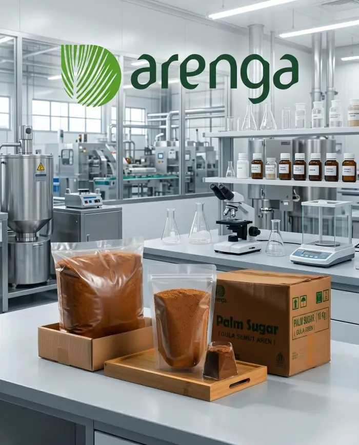 Kemasan plastik rapi dan kardus berisi produk gula semut aren Arenga di atas meja laboratorium pabrik makanan modern yang higienis, bersiap untuk proses uji kualitas gula aren menggunakan peralatan lab seperti mikroskop dan timbangan presisi.