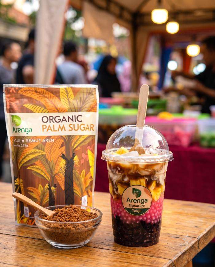 Segelas koktail mutiara kentang gula aren untuk jualan dalam cup plastik transparan, menampilkan lapisan ketan hitam, sagu mutiara pink, dan potongan nangka bersiram santan. Di sebelahnya terdapat kemasan Arenga Organic Palm Sugar dan mangkuk kaca berisi gula aren bubuk, dengan latar belakang lapak takjil yang diburamkan.