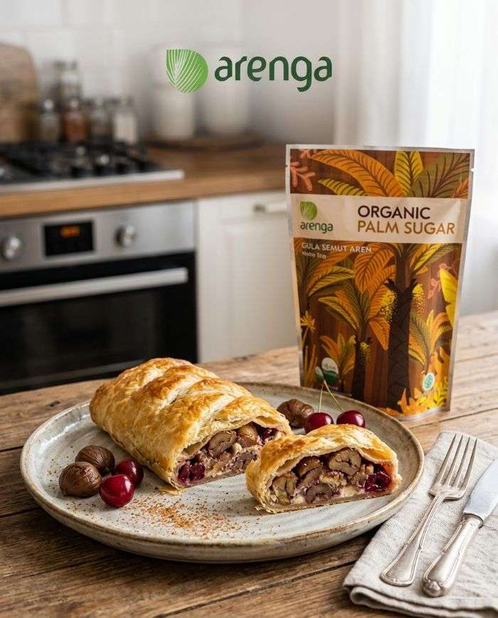 Strudel kastanye Dua potong pastry strudel panggang dengan kulit renyah keemasan dan isian pure halus di atas piring ceper keramik, disandingkan dengan kemasan Arenga Organic Palm Sugar di atas meja kayu. Representasi visual dari Chesnut Studel dengan Sentuhan Karamel Gula Arenga, Rahasia Dessert Mewah Anti-Gagal.