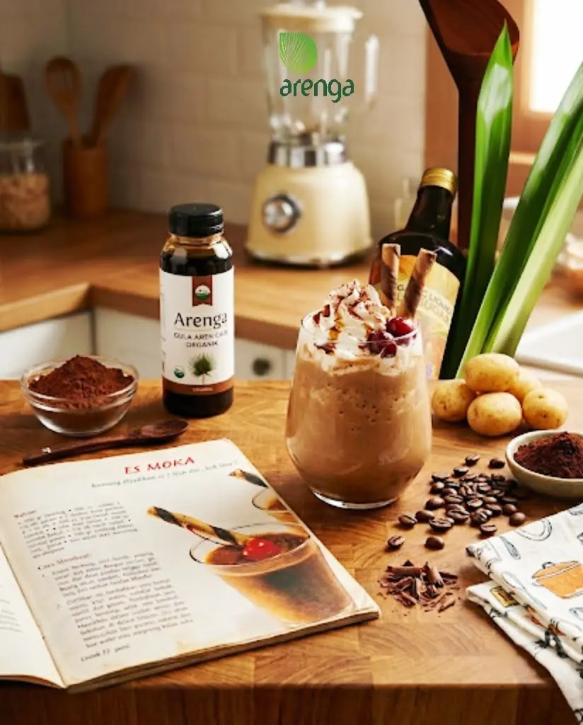 Foto studio yang estetis di atas meja kayu pedesaan. Di tengah adalah gelas tinggi berisi frappe moka kentang ungu berlapis dengan krim kocok kaya, gerimis sirup cokelat, taburan kakao, dan keripik kentang ungu renyah sebagai hiasan. Di latar belakang, terdapat kentang ungu utuh dan belah, serta mangkuk kecil berisi gula aren blok dan sebotol kecil Arenga Gula Aren Cair di sebelah kiri.