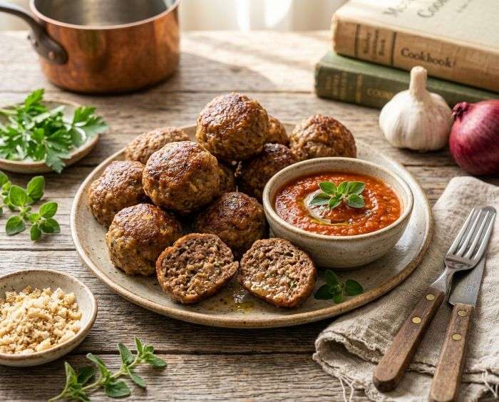 Bakso sapi panggang Venetian Meatball dengan saus tomat merah kental di piring, ide resep lauk tahan lama untuk stok.