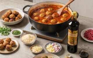 Sepiring Venetian Meatballs daging sapi panggang dengan saus tomat merah kental di atas meja kayu rustic untuk ide cara membuat stok lauk seminggu.