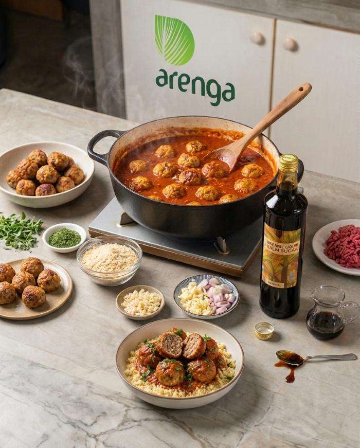 Sepiring Venetian Meatballs daging sapi panggang dengan saus tomat merah kental di atas meja kayu rustic untuk ide cara membuat stok lauk seminggu.
