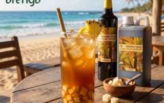 Resep berjudul 'JUS NANAS, JERUK LEMON DAN BENGKUANG'. Bagian atas menampilkan gambar rendering dari gelas dan kendi jus kuning cerah dengan potongan nanas. Teks di bawahnya merinci bahan-bahan (termasuk nanas, lemon, dan bengkuang dadu) dan lima langkah mudah untuk membuat minuman yang menyegarkan. Teks pengantar menyoroti manfaat hidrasi untuk cuaca panas dan buka puasa.