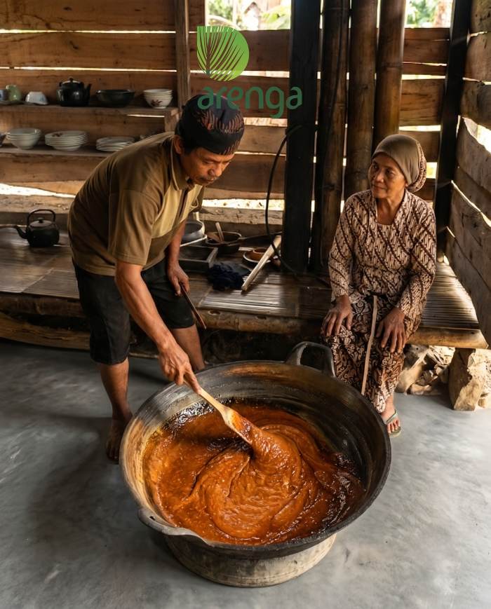 Sepasang suami istri perajin sedang mengaduk nira kental di kuali besar dalam dapur tradisional yang bersih. Visual ini mewakili cerita sepasang suami istri perajin gula aren, sebuah rahasia storytelling manis untuk bisnis kafe dan bakery.