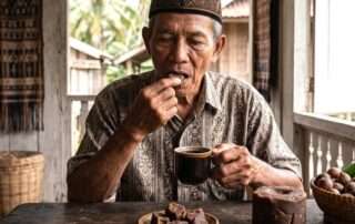 Ilustrasi visual tradisi unik minum kopi di Sulawesi Selatan. Seorang pria Bugis-Makassar mengunyah sepotong gula aren asli sebelum meminum kopi hitam pahit di teras rumah panggung kayu. Meja penuh dengan kue tradisional Sulawesi.