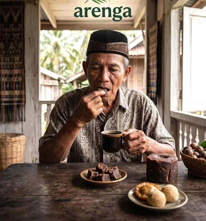 Ilustrasi visual tradisi unik minum kopi di Sulawesi Selatan. Seorang pria Bugis-Makassar mengunyah sepotong gula aren asli sebelum meminum kopi hitam pahit di teras rumah panggung kayu. Meja penuh dengan kue tradisional Sulawesi.